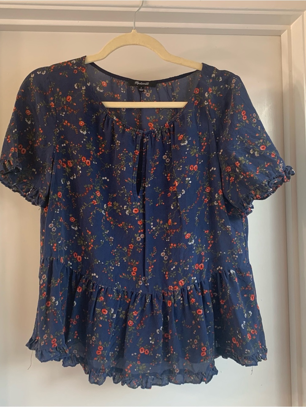 Madewell Women's Silk Peplum Top Navy Blue Floral Ruffle Keyhole Blouse S